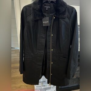 Womens Baccini Faux Black Leather Fur trim collar jacket coat size small New